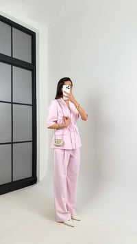 Pembe Yarım Kol Astarlı Vatkalı Kemerli Ceket Pantolon İkili Premium Takım Gaus00453GausTAKIMGU1002059