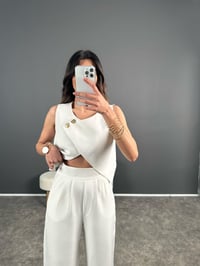 ZR Ekru Asimetrik Kesim Gold Düğme Detaylı Pantolon TakımGausTAKIMGU004595