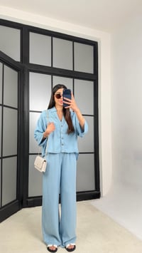 Mavi Yarasa Kol Gömlek Beli Lastikli Pantolon Tencel Takım GAUS-01444GAUSTAKIMGAUS-01444