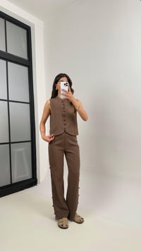 Kahve Düğmeli Tasarım Yelek Pantolon Keten Takım Gaus00339GausTAKIMGU1001789