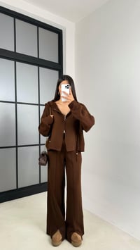 Kahve Kapüşonlu Hırka Beli Lastikli Pantolon İkili Triko Takım GAUS-00564GAUSTAKIMGAUS-00564