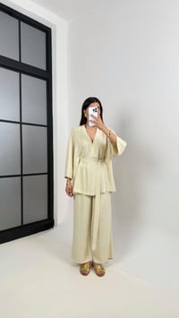 Soft Sarı Kuşaklı Kimono Beli Lastikli Cepli Pantolon Keten Takım Gaus00397GausTAKIMGU1001932