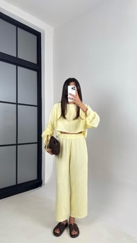 Sarı Kol Büzgülü Crop Beli Lastikli Pantolon Tasarım Müslin Takım Gaus00581GausTAKIMGU1002355