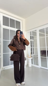 Kahve Kapüşonlu Kadife Kol Detaylı Hırka Beli Lastikli Pantolon İkili Modal Takım GAUS-02060GAUSTAKIMGAUS-02060