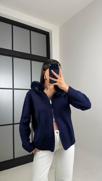 Lacivert Kürk Detaylı Kapüşonlu Triko Hırka GAUS-00883GAUSHIRKAGAUS-00883