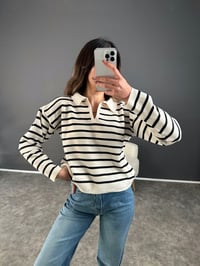 Beyaz Çizgili Polo Yaka Triko Kazak GausKAZAKGU002991