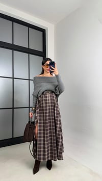 Bej Yırtmaçlı Kemerli Ekose Desenli Etek GAUS-01065GAUSETEKGAUS-01065