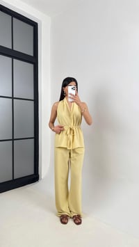 Sarı Önü Bağlamalı Kuşaklı Yelek Beli Lastikli Cepli Pantolon Keten Takım Gaus00410GausTAKIMGU1001956