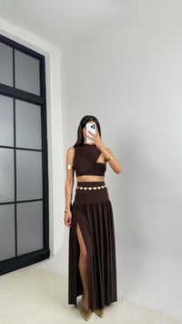 Kahve Sandy Kumaş Yırtmaçlı Etek Crop Takım GAUS-0049GAUSTAKIMGAUS-0049