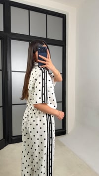 Beyaz Ceket Beli Lastikli Pantolon Puantiye Desenli Tasarım Takım GAUS-01432GAUSTAKIMGAUS-01432