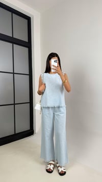 Açık Mavi Püskül Detaylı Bluz Beli Lastikli Cepli Pantolon Keten Takım Gaus00646 GausTAKIMGU1002500