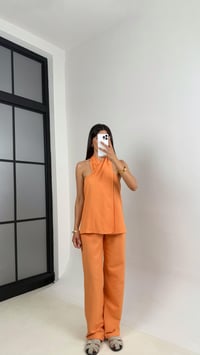 Somon Boyundan Bağlamalı Bluz Cepli Pantolon Tasarım Keten Takım Gaus00667GausTAKIMGU1002539