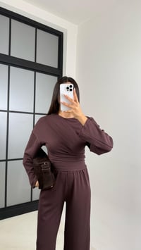 Kahve Yarasa Kol Bluz Beli Lastikli Pantolon Tasarım Modal Takım GAUS-00572GAUSTAKIMGAUS-00572