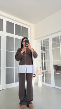Kahve Gömlek Detaylı Örme Hırka Beli Lastikli Cepli Pantolon İkili Triko Takım GAUS-02132GAUSSuitsGAUS-02132