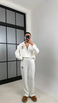 Beyaz Fermuarlı Baskılı Sweatshirt Beli Lastikli Eşofman İkili Takım GAUS-00597GAUSTAKIMGAUS-00597