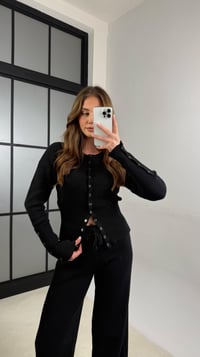 Siyah Çıtçıt Düğmeli Bluz  Beli Lastikli Pantolon  Triko İkili Takım GAUS-01144GAUSTAKIMGAUS-01144