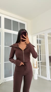 Kahve Geniş Yakalı Crop Hırka Beli Lastikli Eşofman İkili Basic Takım GAUS-02156GAUSTAKIMGAUS-02156