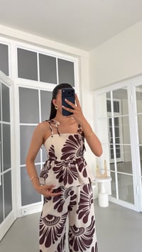 Kahve Ayarlanabilir Askılı Beli Lastikli Crop Pantolon İkili Desenli Takım GAUS-01749GAUSTAKIMGAUS-01749