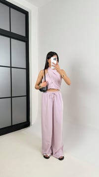 Lila Boyundan Bağlamalı Crop Beli Lastikli Cepli Pantolon Keten Takım Gaus00418GausTAKIMGU1001979