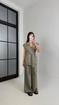Haki Cepli Kuşaklı Yelek Beli Lastikli Pantolon Tencel Takım Gaus00433GausTAKIMGU1002005