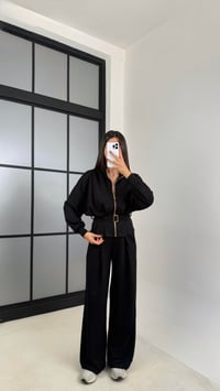 Siyah Kemer Detaylı Hırka Beli Lastikli Geniş Paça Pantolon Modal Takım GAUS-00188GAUSTAKIMGAUS-00188