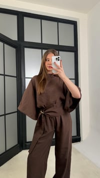 Kahve Gold Toka Detaylı Bluz Şalvar Pantolon İkli Tasarım Takım GAUS-01271GAUSTAKIMGAUS-01271