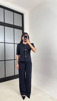 Lacivert Gold Düğmeli Balon Kol Ceket Beli Lastikli Pantolon Kumaş Takım GAUS-00748GAUSTAKIMGAUS-00748
