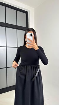 Siyah Uzun Kol Beli Lastikli Kemerli Elbise GAUS-01214GAUSDressesGAUS-01214