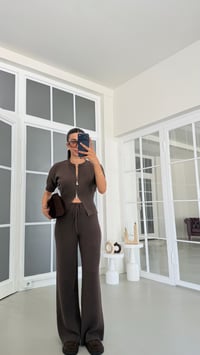 Kahve Çift Fermuarlı Bluz Beli Lastikli Pantolon İkili Triko Takım GAUS-01902GAUSTAKIMGAUS-01902