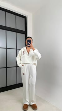 Beyaz Fermuarlı Baskılı Sweatshirt Beli Lastikli Eşofman İkili Takım GAUS-00597GAUSTAKIMGAUS-00597