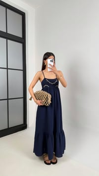 Lacivert Nakışlı Ayarlanabilir Askılı Astarlı Müslin Elbise Gaus00409GausELBİSEGU1001954
