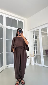 Kahve Yarasa Kol Bluz Beli Lastikli Şalvar Pantolon İkili Tencel Takım GAUS-01840GAUSSuitsGAUS-01840