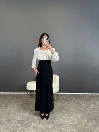 Ric Siyah Beyaz Büzgülü Uzun Elbise GausELBİSEGU004662
