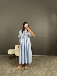 Dimitra Mavi Önden Bağlamalı Balon Kol ElbiseGausELBİSEGU008024
