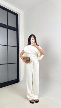 Ekru Yarasa Kol Bluz Beli Lastikli Pantolon Tasarım Modal Kumaş Takım GAUS-01251GAUSTAKIMGAUS-01251