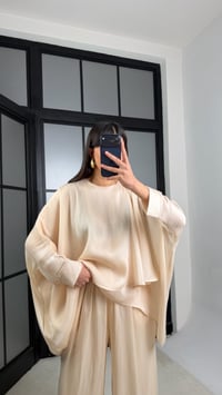 Bej Transparan Pelerin Beli Lastikli Şalvar Pantolon Premium Tasarım Takım GAUS-01292GAUSTAKIMGAUS-01292