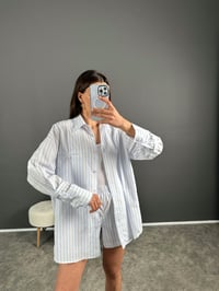 Beyaz Mavi Çizgili Zr Model Şortlu Gömlek TakımGausTAKIMGU007895