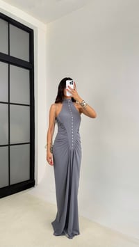 Gri Muadil Düğme Detaylı Halter Yaka Tasarım Elbise GAUS-0070GAUSELBİSEGAUS-0070