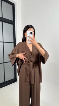 Kahve Kuşaklı Kimono Beli Lastikli Cepli Pantolon Keten Takım Gaus00397GausTAKIMGU1001929