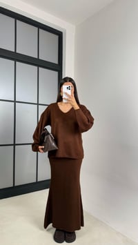 Kahve V Yaka Kazak Beli Lastikli Etek İkili Triko Takım GAUS-00528GAUSTAKIMGAUS-00528