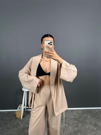 Guta Sütlü Kahve Keten Karışımlı Yarım Astarlı Pantolon Kimono İkili TakımGausTAKIMGU008624