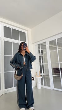 Gri Şerit Detaylı Ceket Beli Lastikli Pantolon İkili Denim Takım GAUS-02094GAUSTAKIMGAUS-02094