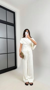 Beyaz Yarasa Kol Bluz Beli Lastikli Pantolon Tasarım Modal Kumaş Takım Gaus00490GausTAKIMGU1002148