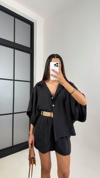 Siyah Gömlek Hasır Kemerli Şort İkili Tencel Takım Gaus00559GausTAKIMGU1002303