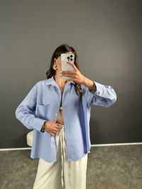 Sonho Mavi İnce Çizgili Oversize Gömlek GausGÖMLEKGU007248