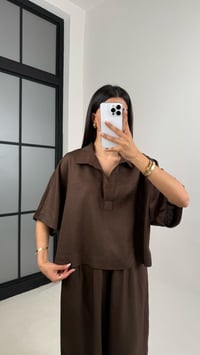 Acı Kahve Polo Yaka Yarasa Kol Bluz Şalvar Pantolon Md Muadil Premium Keten Takım Gaus00542GausSuitsGU1002264