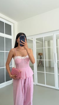 Pembe Ayarlanabilir Askılı Pedli Crop Beli Lastikli Pantolon Çizgili Takım GAUS-01654GAUSTAKIMGAUS-01654