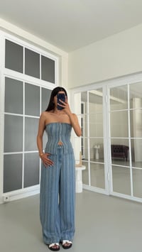 Mavi Bustiyer Palazzo Pantolon Çizgili Denim Takım GAUS-01686GAUSSuitsGAUS-01686