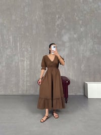 Kahve V Yaka Beli Lastikli Büzgülü Müslin Pinterest Elbise Gaus00022GausELBİSEGU1001037