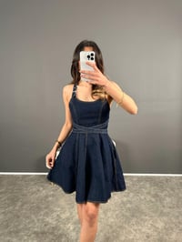 Laren Kısa Mavi Tasarım Bağlama Detay Denim ElbiseGausELBİSEGU004581